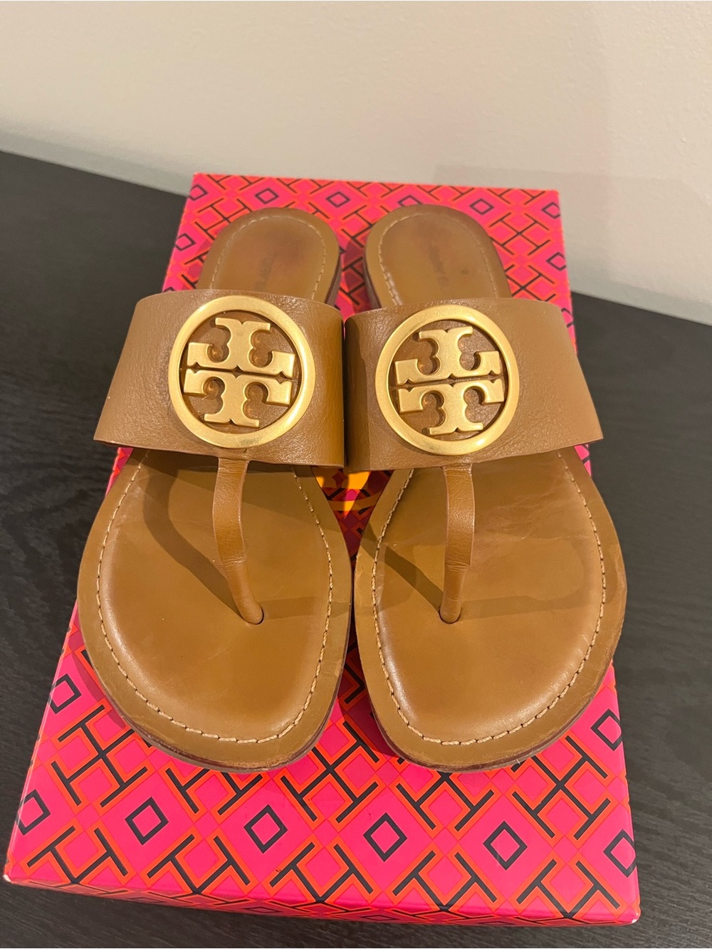 Tory Burch Tan Leather Logo Medallion Slide Sandals